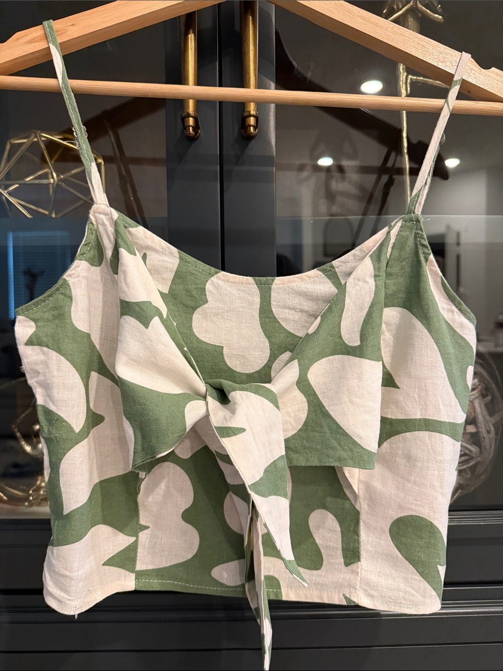 Rachel Zoe Green and Cream Tie-Front Crop Cami